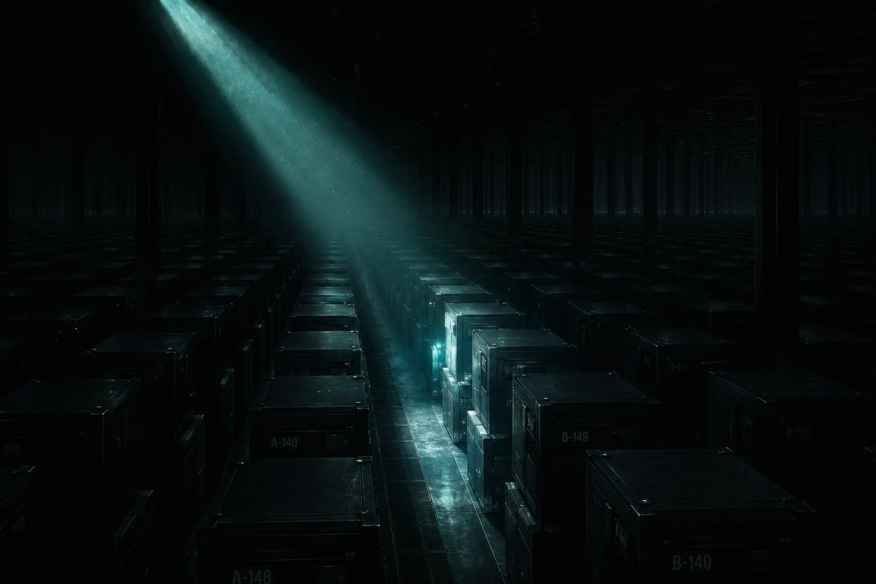 Una bodega inmensa de contenedores idénticos en penumbra. Un solo haz de luz cae en diagonal e ilumina uno de ellos, que brilla desde dentro.