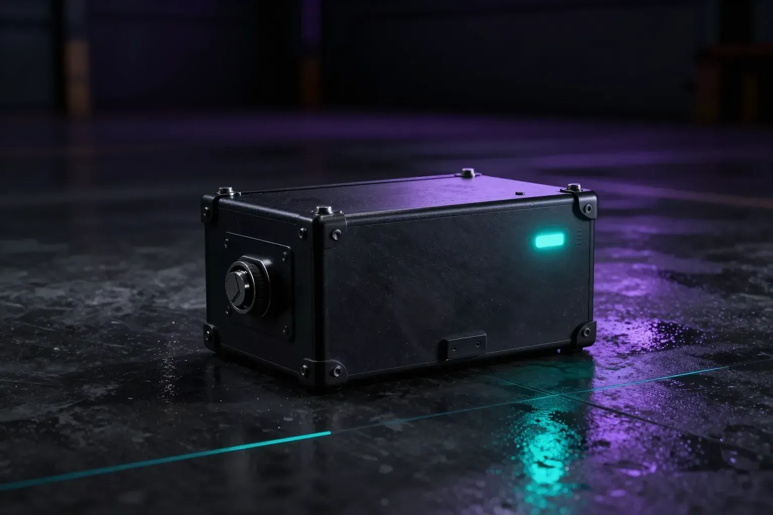 Una caja negra de avión, de metal oscuro y atornillada, sobre un piso de concreto mojado en un hangar a oscuras. Una sola luz turquesa encendida en su costado; un reflejo violeta en el suelo.