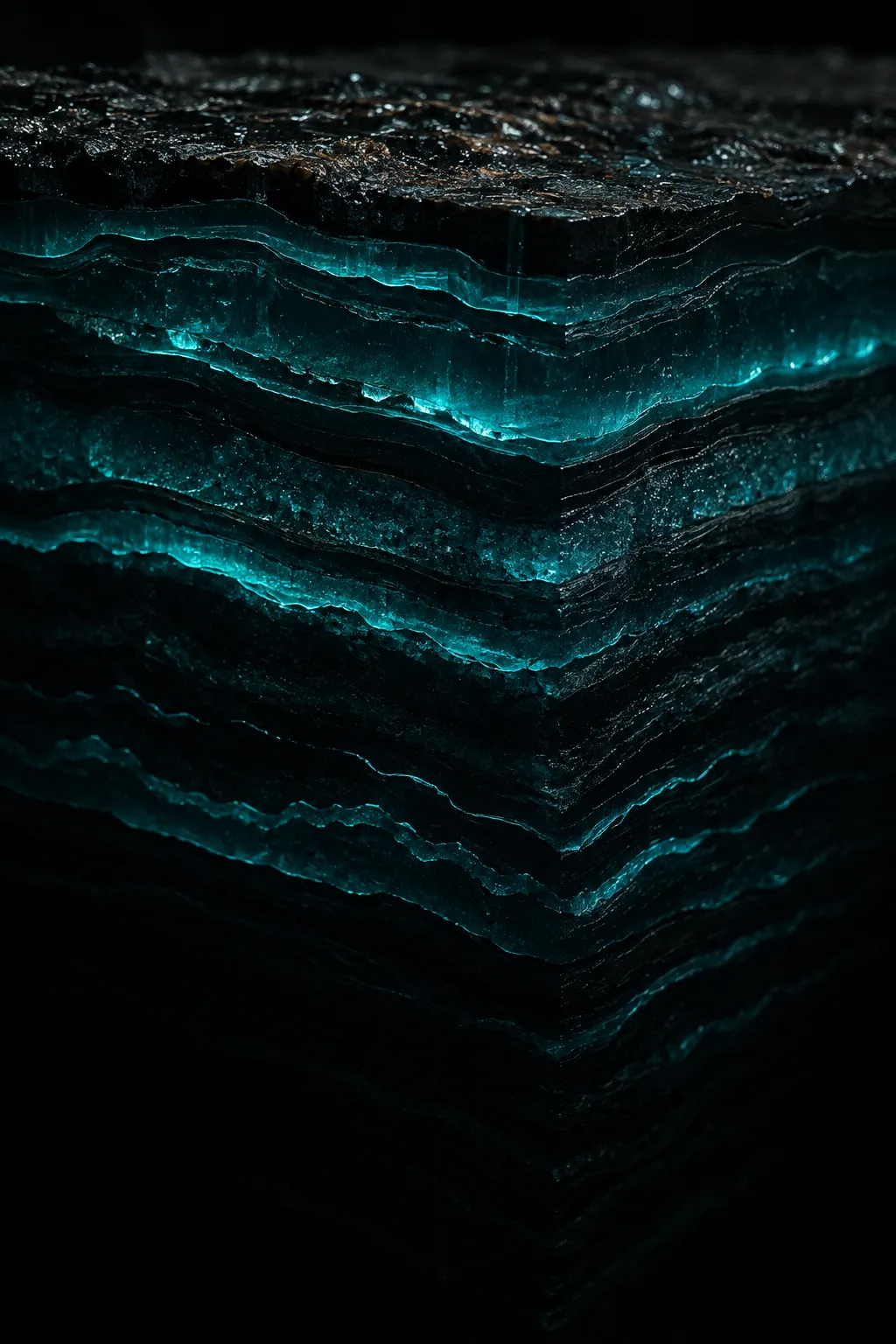 Corte transversal de estratos geológicos en material oscuro y traslúcido. Cada capa emite un brillo turquesa distinto y se hunden hacia la oscuridad.