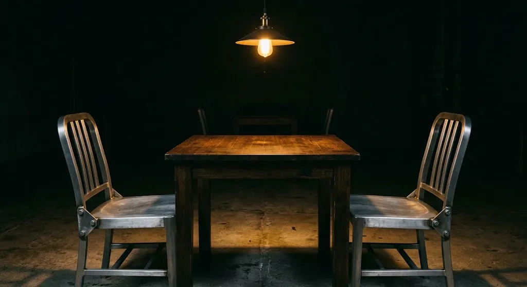 Dos sillas metálicas vacías frente a frente, a lado y lado de una mesa de madera, bajo una sola bombilla cálida. Todo lo demás en penumbra.