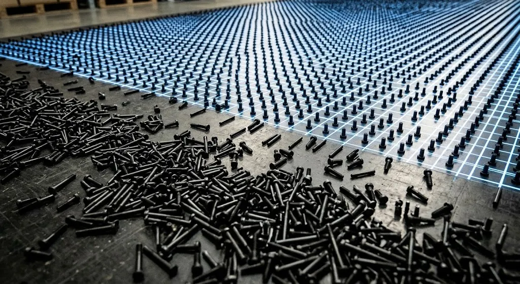 Miles de tornillos idénticos regados en desorden en primer plano; al fondo, los mismos tornillos alineados en filas perfectas sobre una retícula de luz.