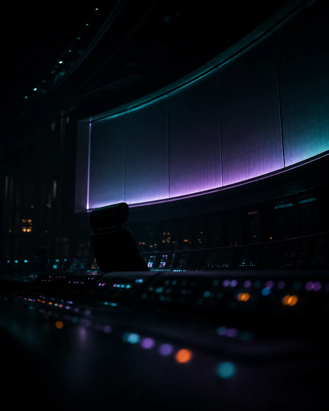 Una sala de operaciones en penumbra. Una pantalla curva enorme emite luz turquesa y violeta sobre una consola llena de pequeños indicadores.