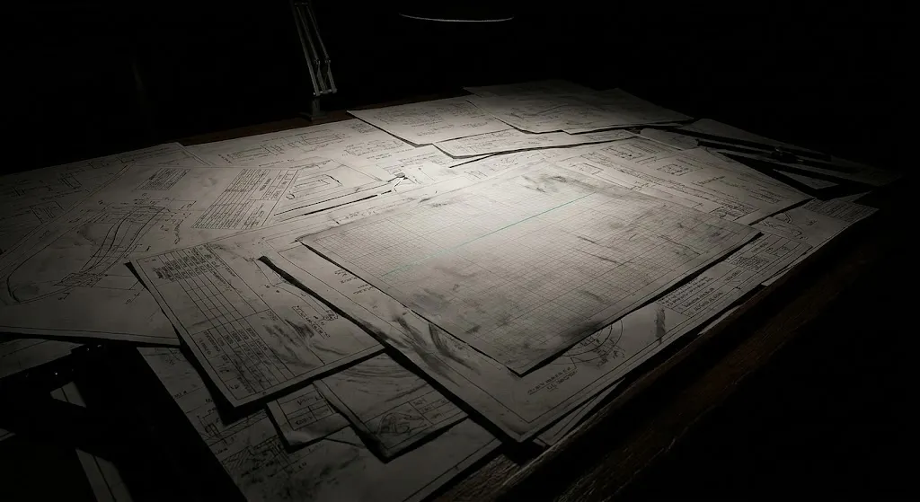 Una mesa de dibujo en penumbra bajo un solo foco cenital, cubierta de planos superpuestos vistos en ángulo, ilegibles.